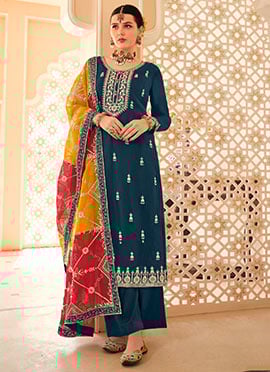 Teal Chinon Gota Patti Embroidered Straight Pant Suit