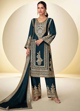 Teal Chinon Hand Embroidered Sequins With Beads Work Straight Pant Suit