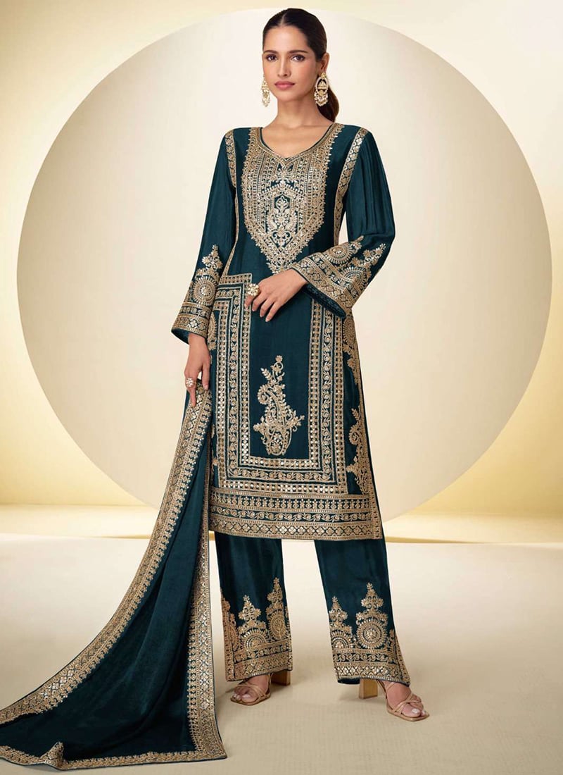 Teal Chinon Hand Embroidered Sequins With Beads Work Straight Pant Suit Festive Wear