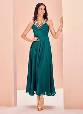 Teal Chinon Hand Work A Line Dress