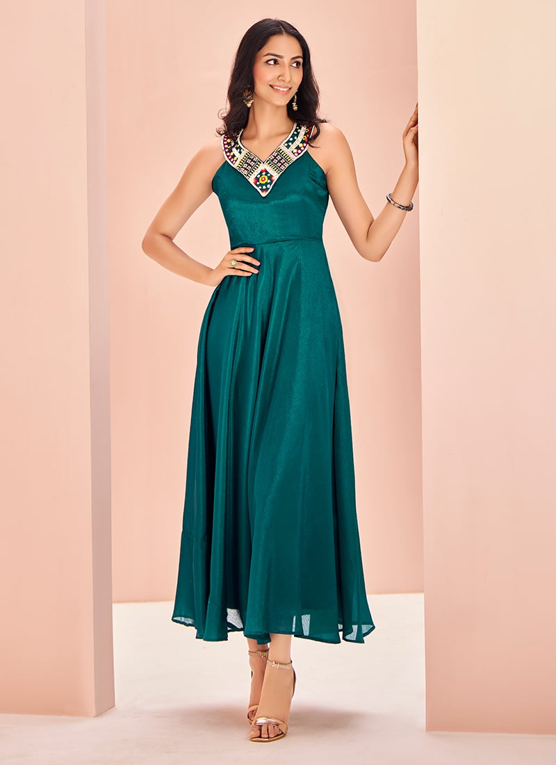 Teal Chinon Hand Work A Line Dress After Six Wear
