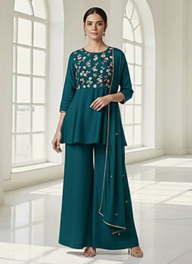 Teal Chinon Peplum Palazzo Suit