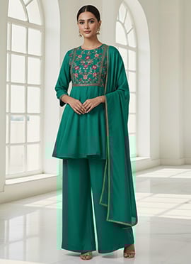 Teal Chinon Peplum Palazzo Suit with Zari Embroidery