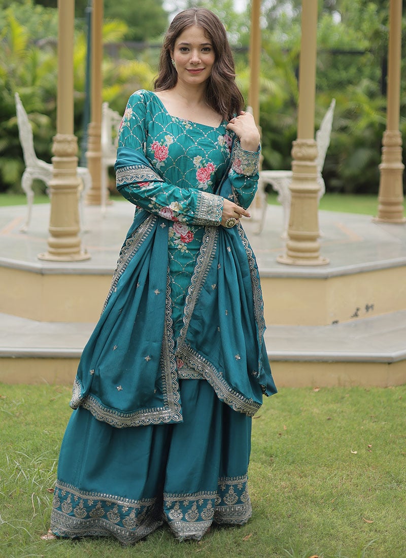 Teal Chinon Printed Embroidered Sequins Palazzo Suit Festive Wear