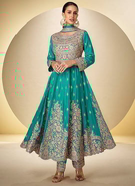 Teal Chinon Sequins Thread Embroidered Anarkali Suit