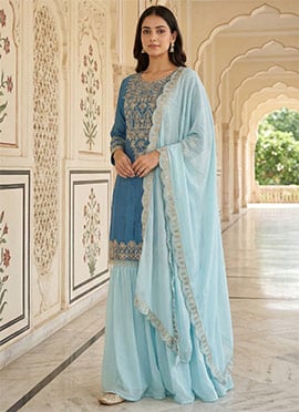 Teal Chinon Silk Embroidered Sequins Palazzo Suit