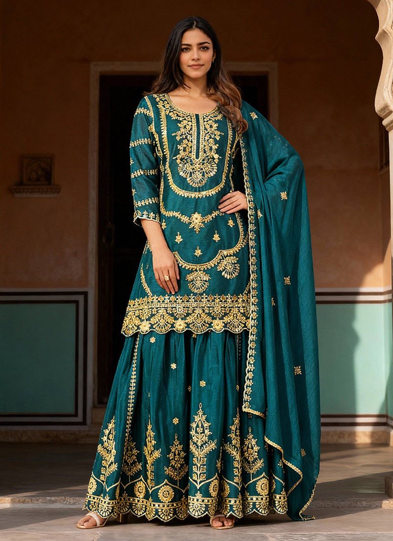 Teal Chinon Silk Embroidered Sequins Palazzo Suit Festive Wear