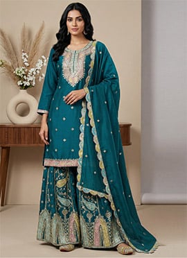 Teal Chinon Silk Embroidered Sequins Palazzo Suit