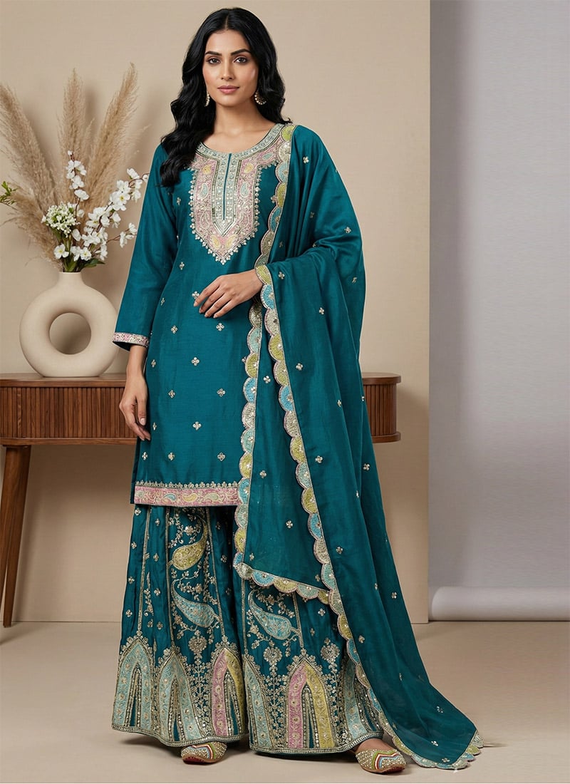 Teal Chinon Silk Embroidered Sequins Palazzo Suit Festive Wear