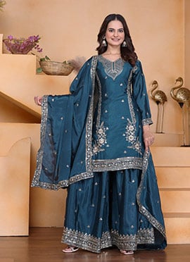 Teal Chinon Silk Embroidered Sequins Palazzo Suit
