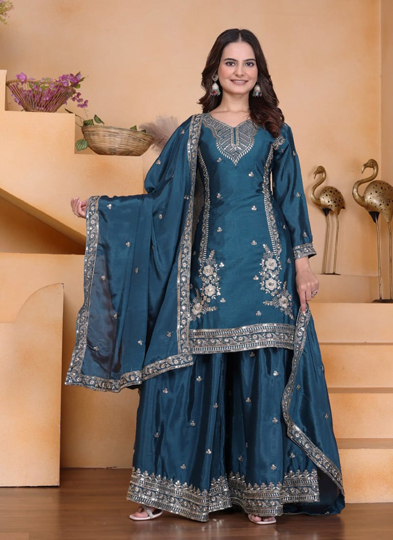Teal Chinon Silk Embroidered Sequins Palazzo Suit Festive Wear
