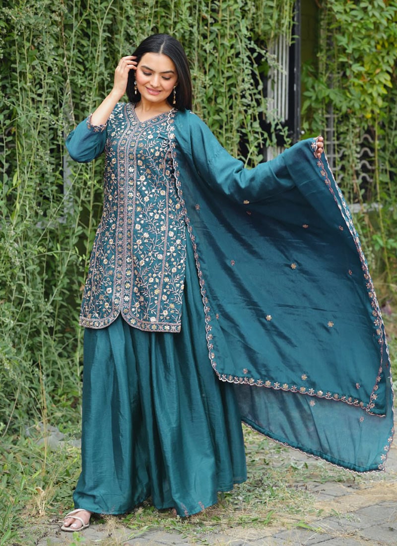 Teal Chinon Silk Embroidered Sequins Palazzo Suit Festive Wear