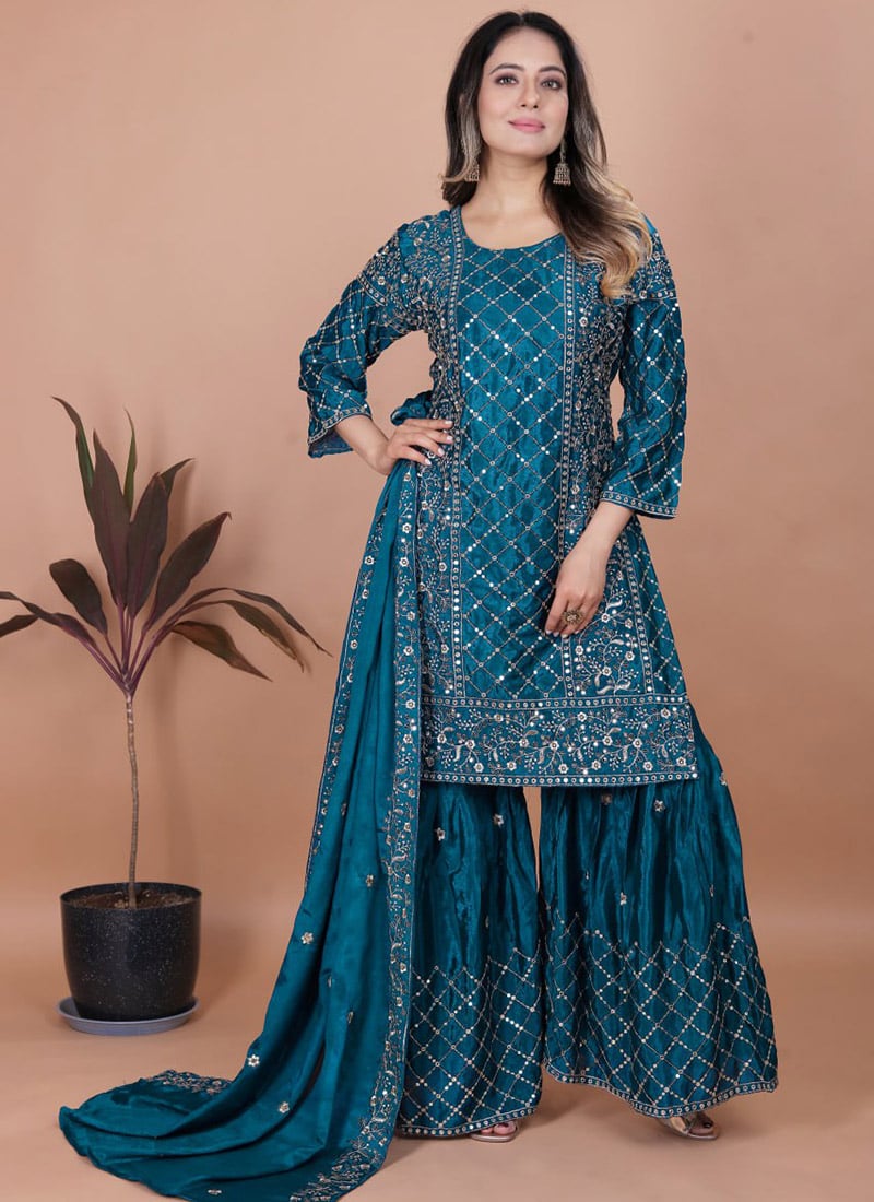 Teal Chinon Silk Embroidered Sequins Sharara Suit Festive Wear
