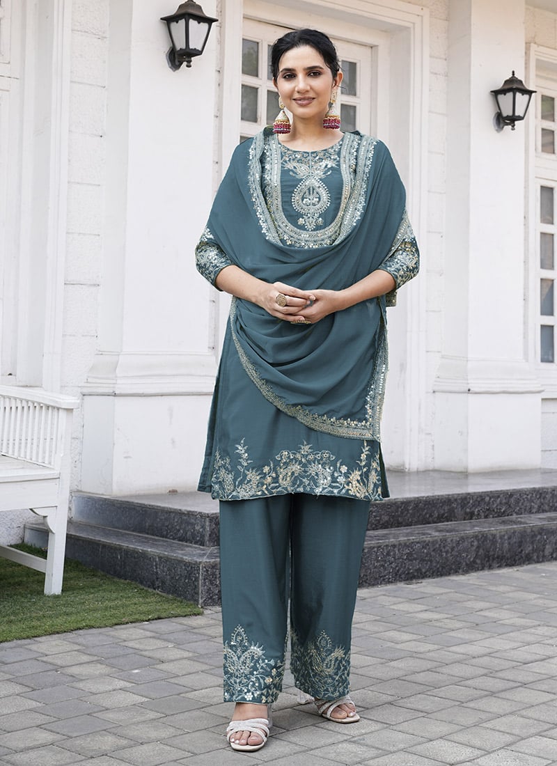 Teal Chinon Silk Embroidered Sequins Straight Pant Suit Festive Wear