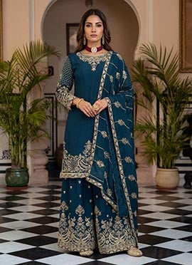 Teal Chinon Silk Embroidered Sequins Zari Palazzo Suit
