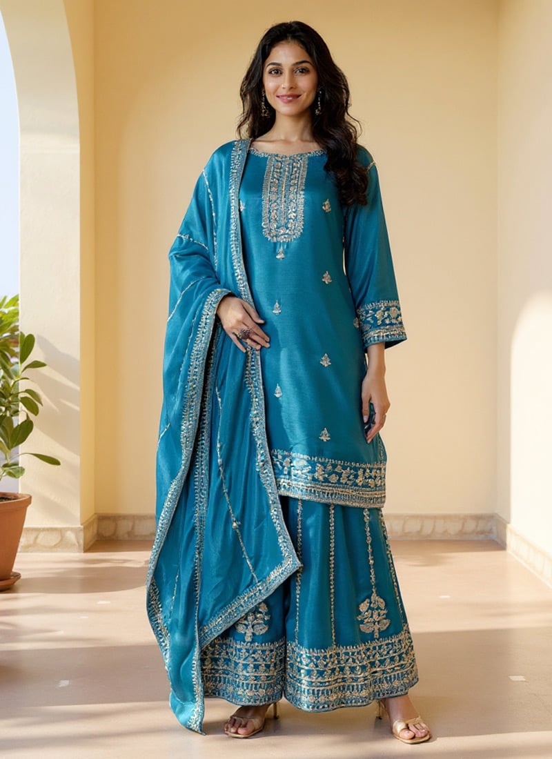 Teal Chinon Silk Palazzo Suit With Embroidery Zari And Sequins Festive Wear