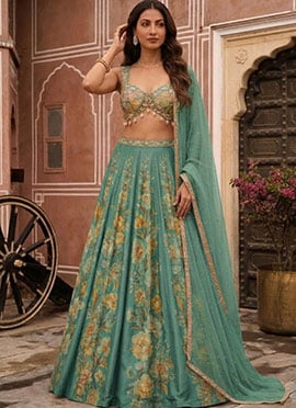 Sea Green Chinon Silk Resham Beads Embroidered Digital Print Umbrella Lehenga
