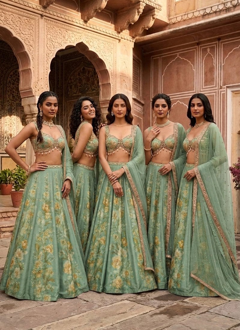 Sea Green Chinon Silk Resham Beads Embroidered Digital Print Umbrella Lehenga Wedding Wear