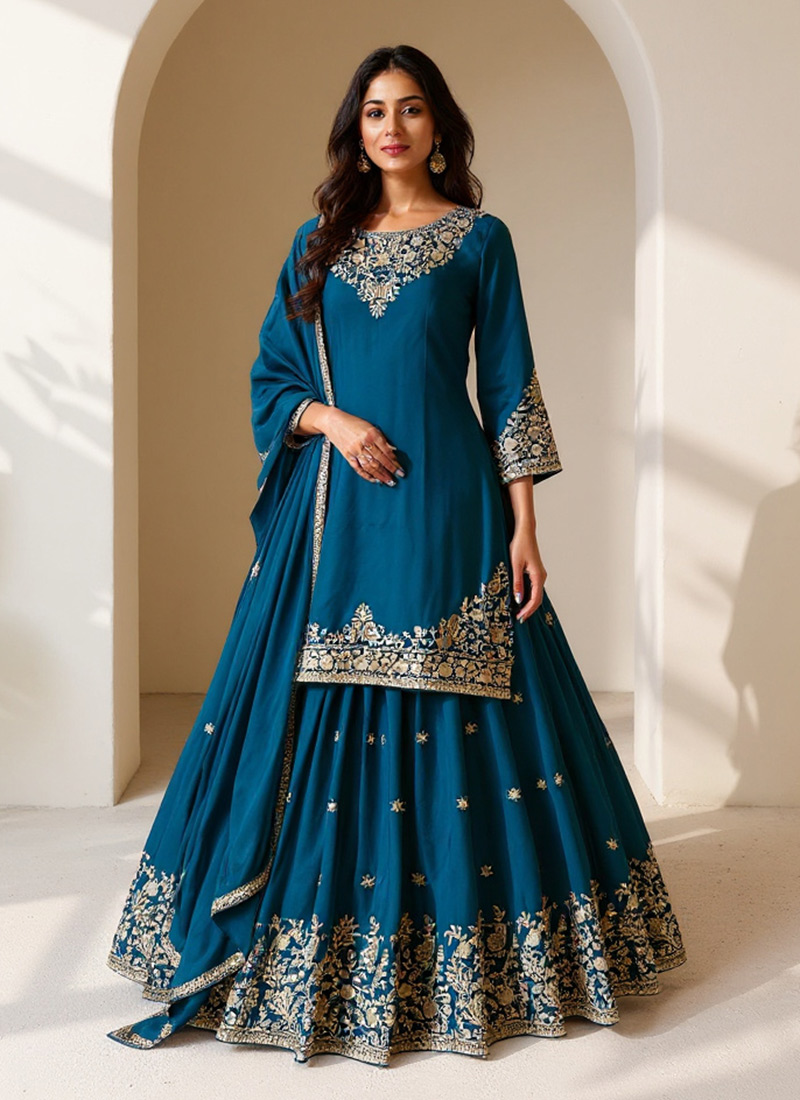 Teal Chinon Silk Zari Embroidered Sequins Long Choli Lehenga