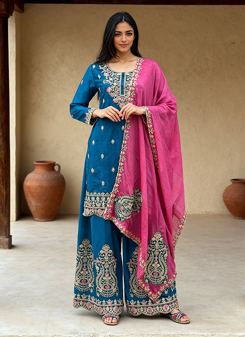 Teal Chinon Silk Zari Embroidered Sequins Palazzo Suit Festive Wear