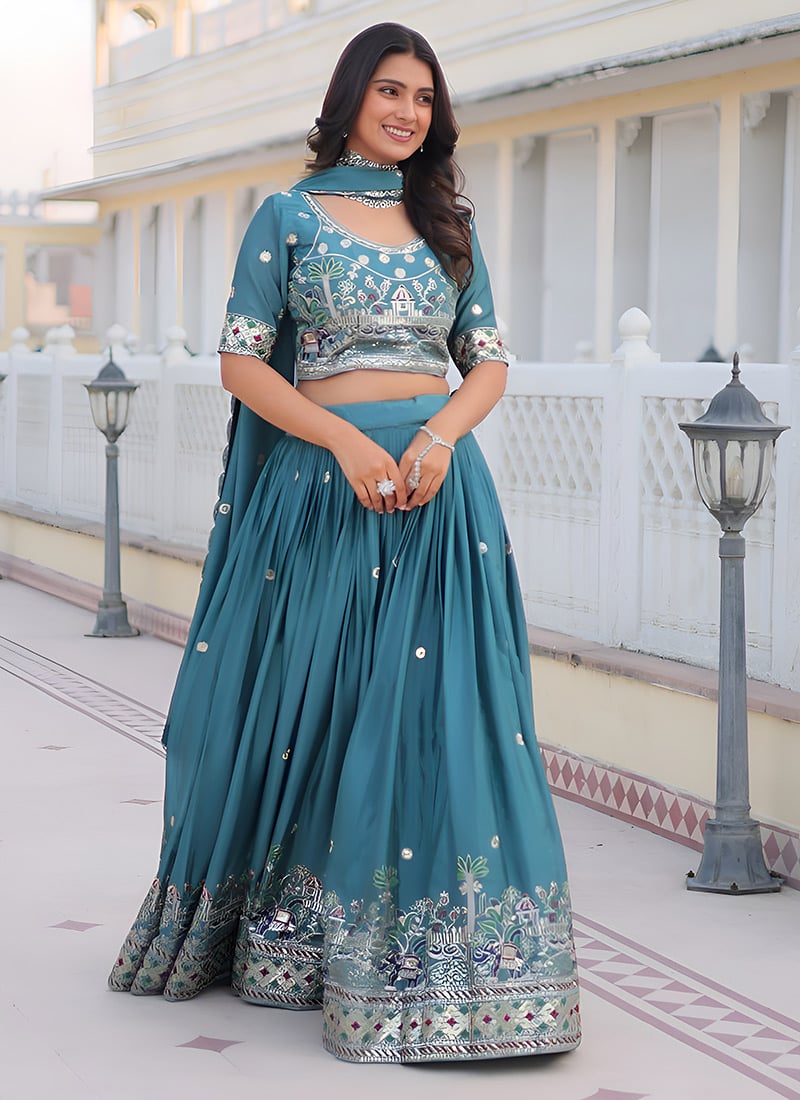 Teal Chinon Silver Gota Patti Umbrella Lehenga Festive Wear