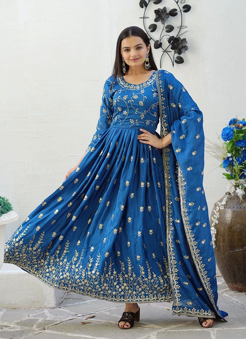 Teal Chinon Zari Embroidered Sequins Anarkali Suit Festive Wear