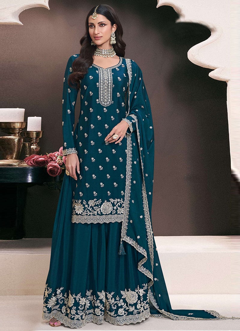 Teal Chinon Zari Embroidered Sequins Palazzo Suit