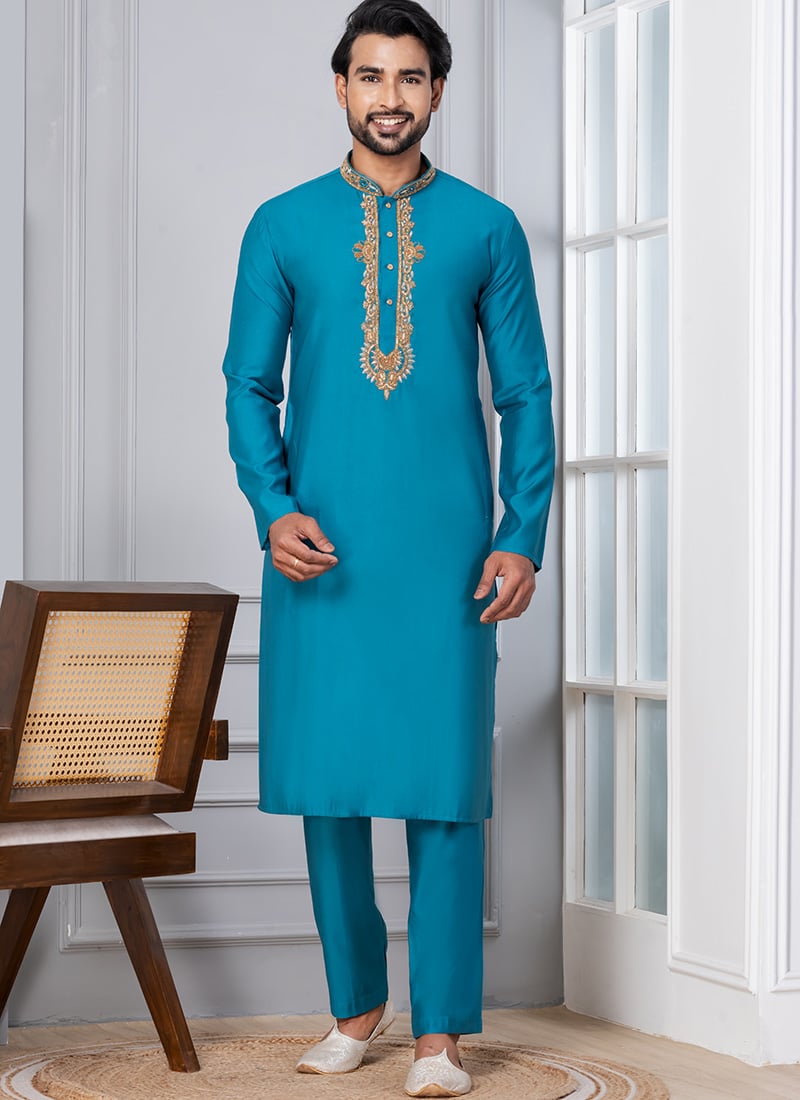 Teal Cotton Beads Work Kurta Pyjama Festive Wear