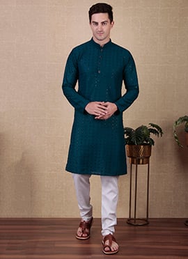 Teal Cotton Chikankari Sequins Kurta Pyjama