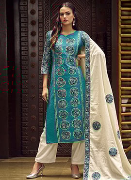 Teal Cotton Kalamkari Print Patch Work Straight Pant Suit