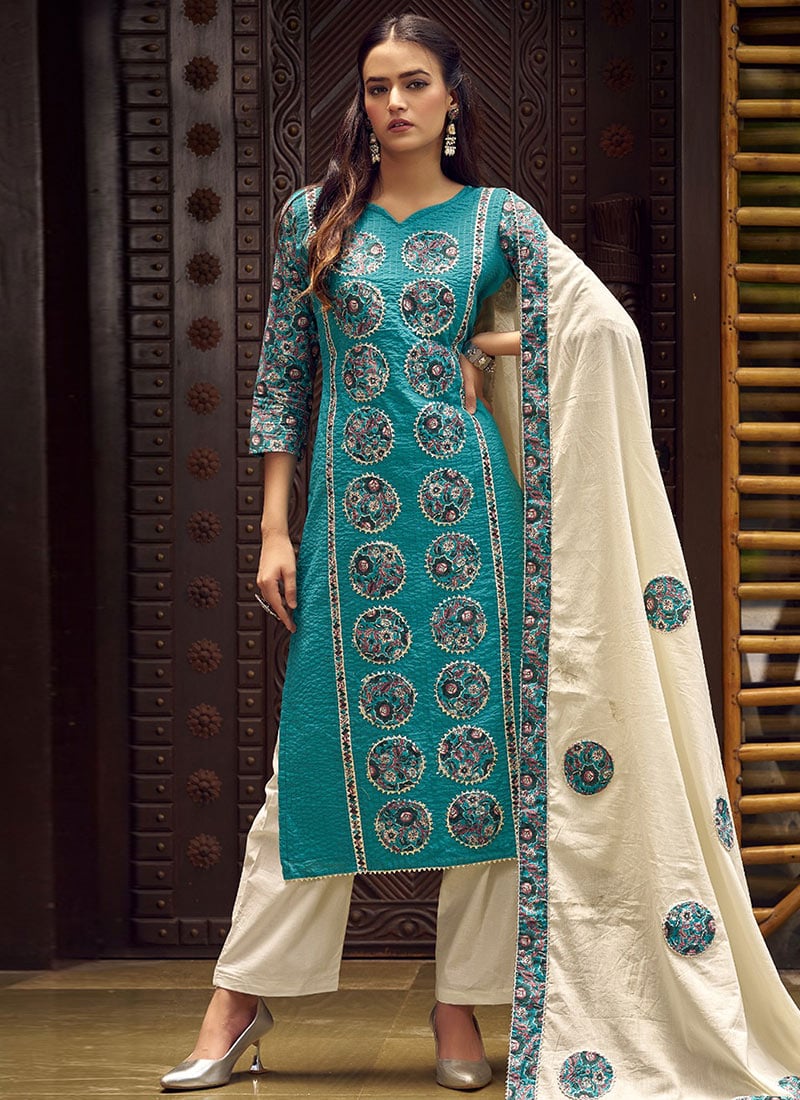 Teal Cotton Kalamkari Print Patch Work Straight Pant Suit Festive Wear