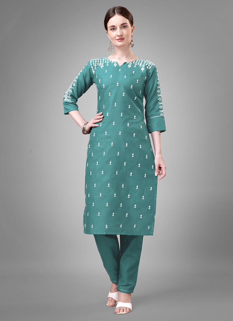 Teal Viscose Embroidered Straight Kurta Trousers With Dupatta PKSKD3144 main image 1
