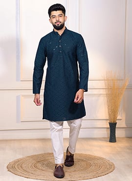 Teal Cotton Embroidered Sequins Kurta Pyjama For Men