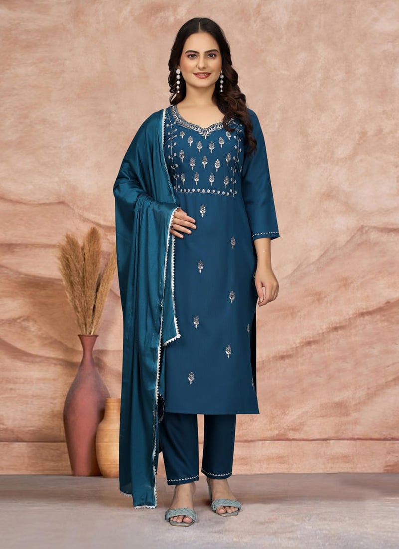 Teal Cotton Embroidered Straight Pant Suit After Six Wear