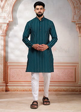 Teal Cotton Printed Kurta Pyjama For Men