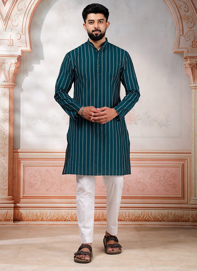 Teal Cotton Printed Kurta Pyjama For Men Festive Wear