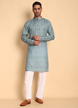Teal Cotton Printed Kurta Pyjama Set