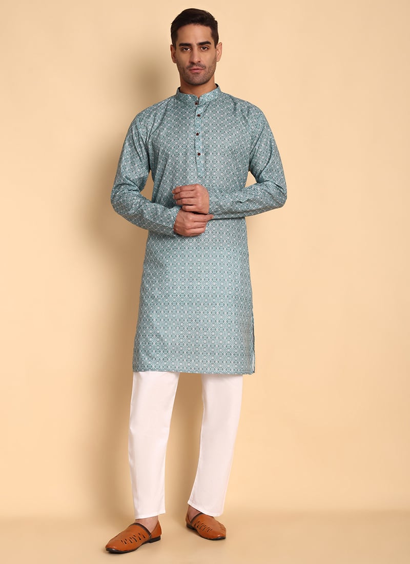Teal Cotton Printed Kurta Pyjama Set Festive Wear