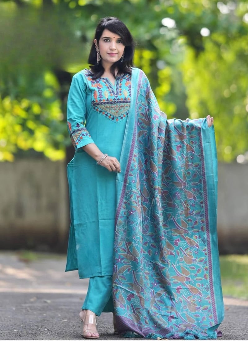 Teal Cotton Printed Straight Pant Suit Festive Wear