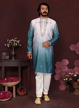 Teal Cotton Silk Embroidered Sequins Kurta Pyjama Set