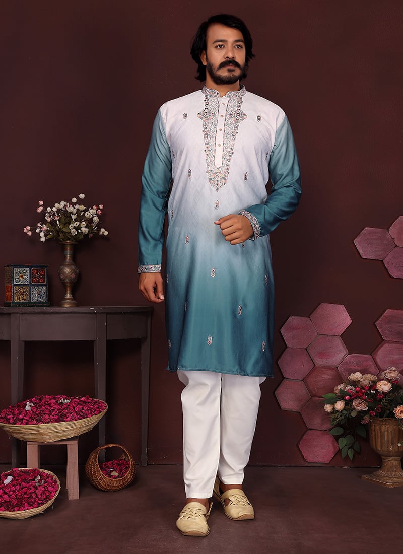 Teal Cotton Silk Embroidered Sequins Kurta Pyjama Set Festive Wear