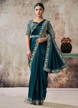 Teal Crepe Satin Silk Hand Embroidered Sequins With Beads Work Pre Draped Saree