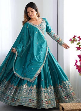 Teal Crepe Silk Embroidered Sequins Lehenga Wedding Wear