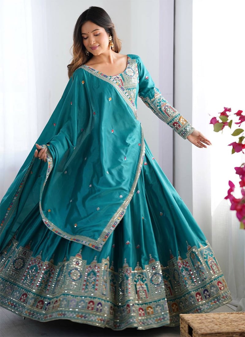 Teal Crepe Silk Embroidered Sequins Lehenga Wedding Wear