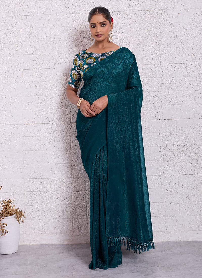 Teal Crunchy Silk Digital Print Saree After Six Wear