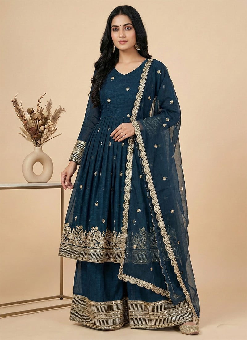 Teal Crunchy Silk Embroidered Sequins Anarkali Suit Festive Wear