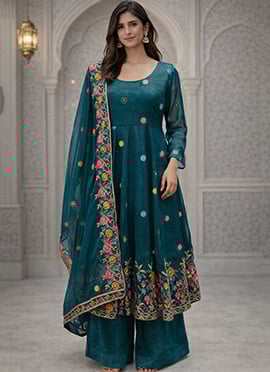 Teal Crunchy Silk Embroidered Sequins Anarkali Suit