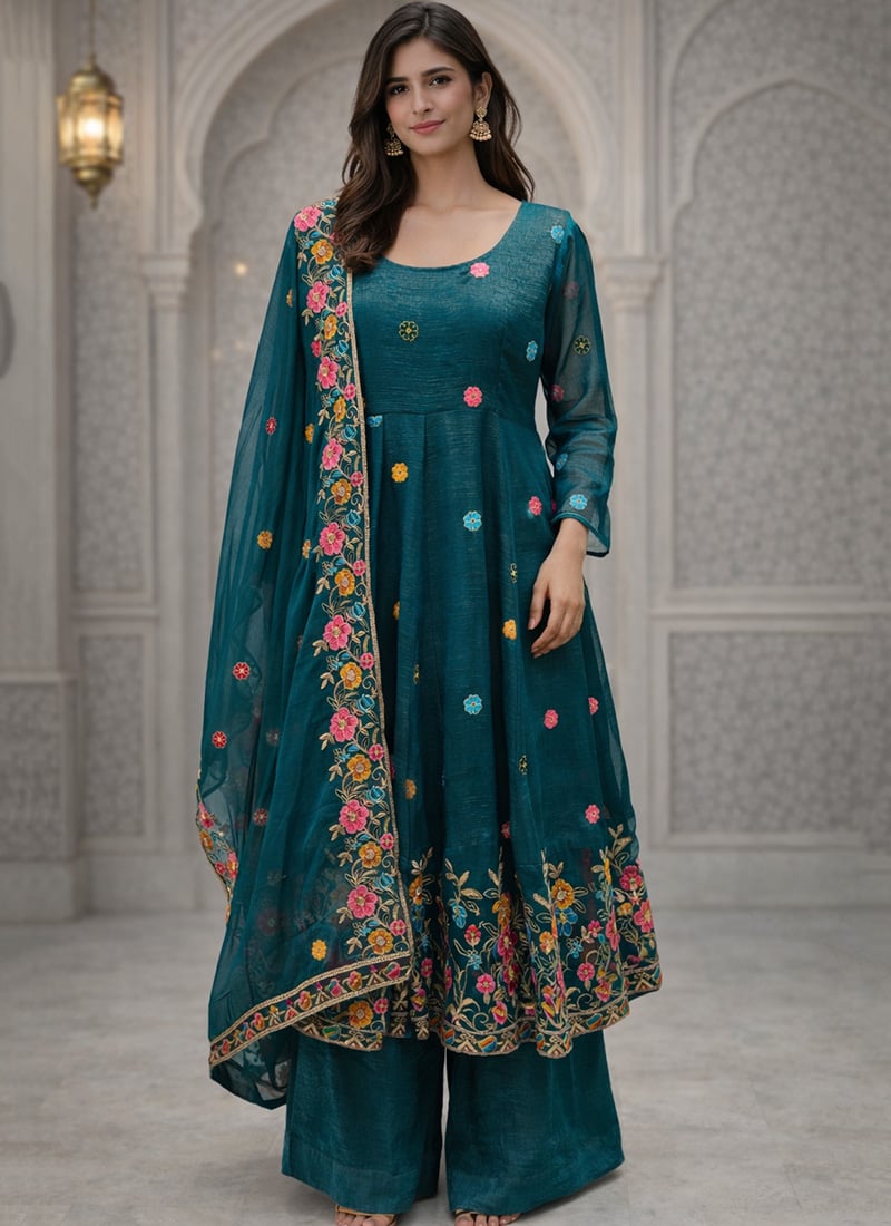 Teal Crunchy Silk Embroidered Sequins Anarkali Suit Festive Wear