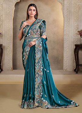 Teal Crush Satin Silk Hand Embroidered Sequins With Stone Work Saree