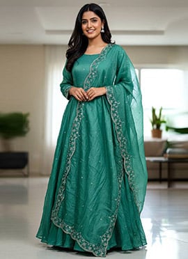Teal Crush Silk Embroidered Anarkali Suit